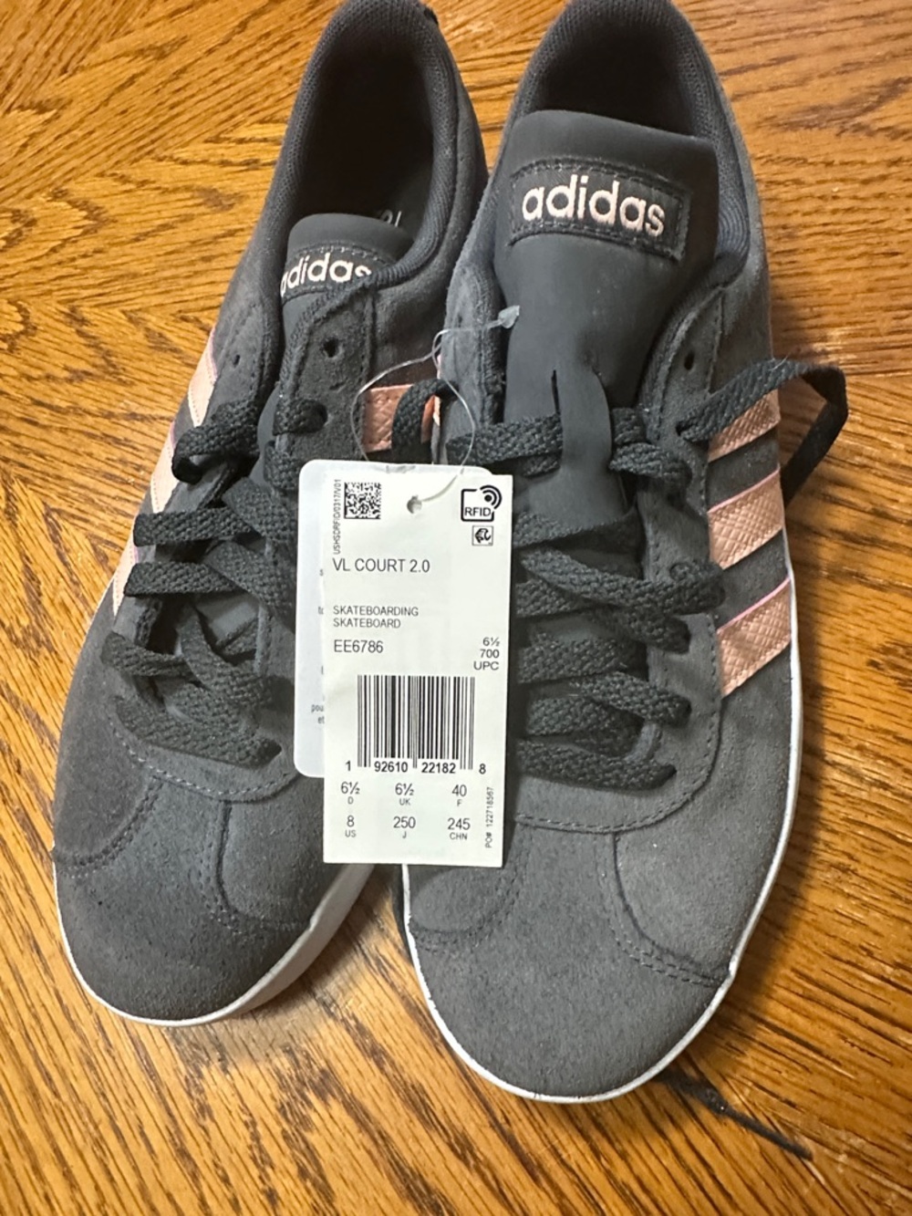 adidas Women's VL Court 2.0 Grey with Pink Stripes Sneakers